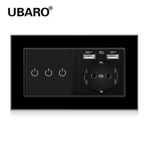 Ubaro European Standard 146 Type Touch Switch With 3 Way <b>Socket</b> And 2 Usb Ports Black Tempered Glass Panel - Product Image 1