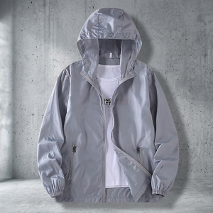 Blouson bomber gris clair à capuche et fermeture éclair, unisexe, décontracté, écologique, en polyester à séchage rapide, vêtement d'extérieur standard pour l'hiver, coupe classique - Product Image 3