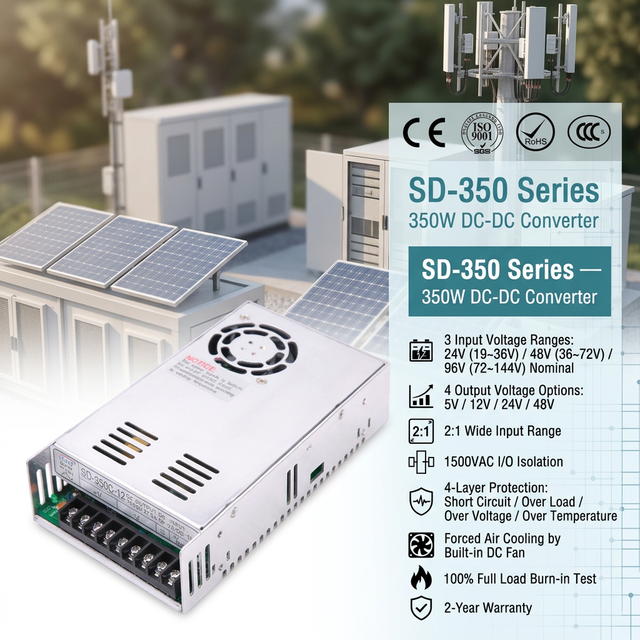 350W DC DC Converter SD 350 Series 2:1 Wide Input 1500VAC Isolation Fan Cooling Class B for Industrial Communication System