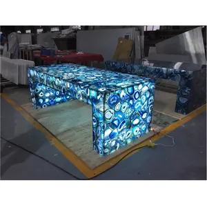 高級デザイン半透明瑪瑙石Ledネイルバーテーブルカスタムサイズブルーカラーロングバーカウンターテーブル
