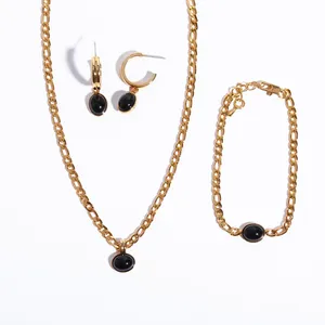 Fashion jewelry sets 18k gold plated stainless steel natural black jade stone necklace bracelets earrings for women