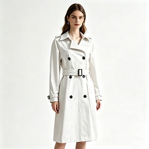 Abrigo Trench de <span class=keywords><strong>Mujer</strong></span> al por Mayor Color Marfil con Botones y Solapa, Impermeable, Ecológico, Fino, Estilo Casual, Liso, para Primavera y Otoño - Product Image 1