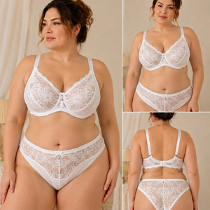 Ensemble de lingerie en maille deux pièces pour femmes, soutien-gorge en dentelle florale avec détails de bretelles croisées et culotte taille haute - Product Image 3