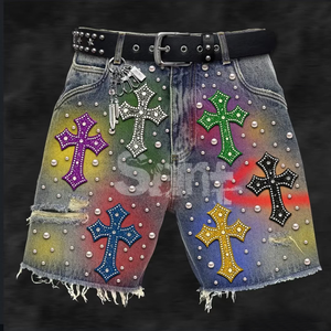 Shorts <span class=keywords><strong>Vaqueros</strong></span> Personalizados al por Mayor YUCHEN, Estilo Vintage, Cintura Media, Desgastados, Decolorados, Lavado Ácido, con Pedrería, Shorts de Mezclilla para <span class=keywords><strong>Hombre</strong></span> - Product Image 2