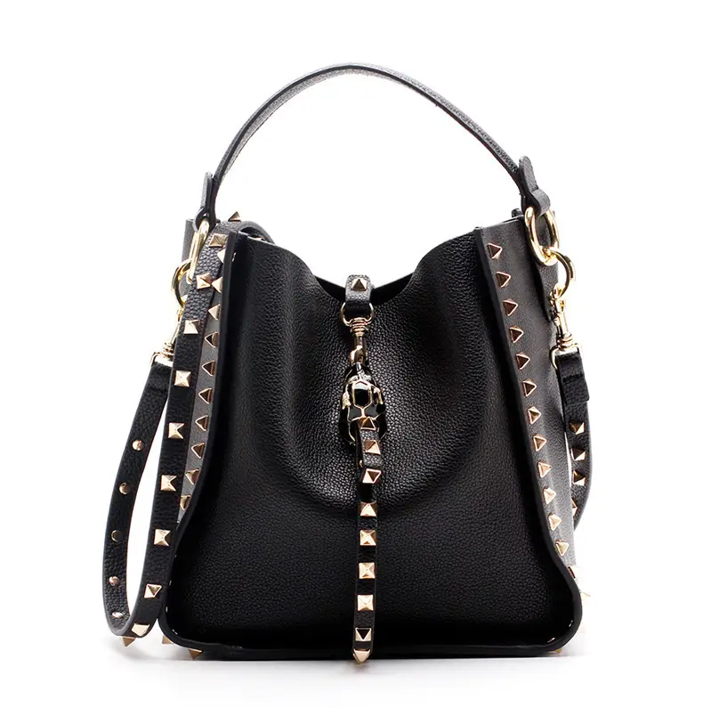 2 boyutu seçenekleri yüksek kalite moda çizgisiz hakiki deri tote çanta siyah perçinler sepet çanta kadınlar için crossbody çanta