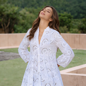 2026 New Plus Size <b>Loose</b> Cotton Casual Solid Natural White Open-Weave Embroidered <b>Dress</b> with V-Neck Bell Sleeves-Beach Wear - Product Image 1