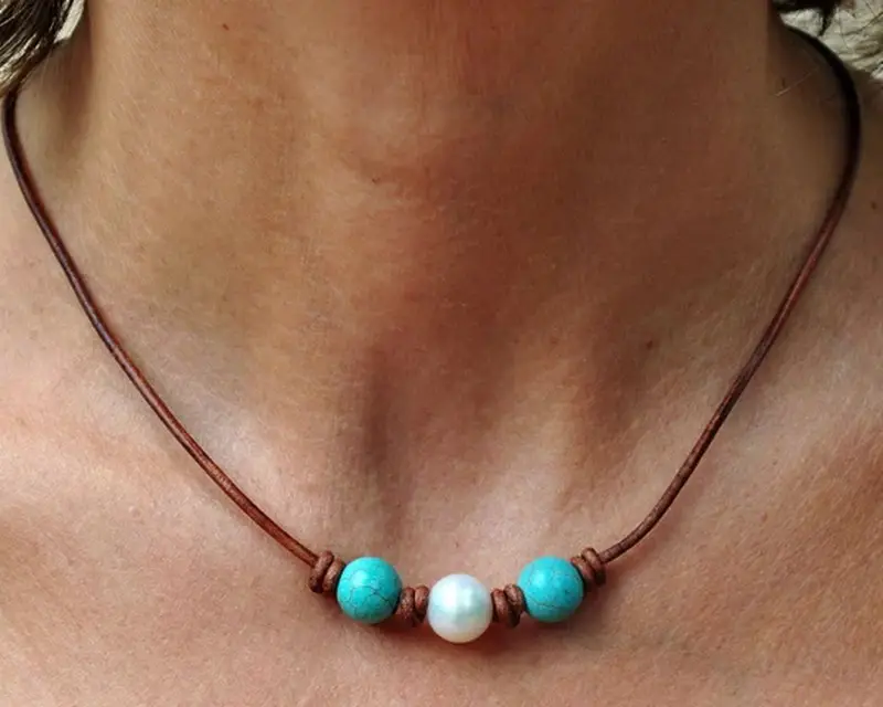 Zooying Fashion Handmade Turquoise Pearl Stone Jewelry Brown Leather Necklace for Women and Men