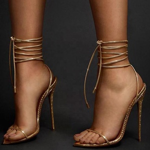 Sandales d'été 2021 dorées à brides croisées, talon fin, bout ouvert pointu, à lacets, chaussures habillées unies pour femme, grande taille 45 - Product Image 1