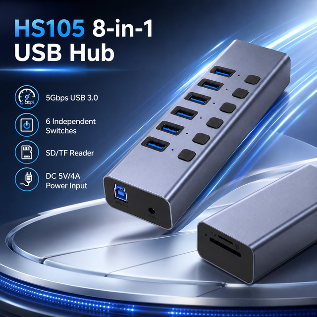 8-in-1 Powered USB 3.0 Hub with SD/TF Card Reader 5Gbps 6 USB-A + Dual Card Slots Aluminum Multiport Hub in Stock