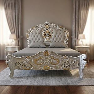 Rococo Traditional Design <b>Queen</b> <b>Size</b> Wooden <b>Beds</b> <b>Frame</b> Solid Mahogany Upholstered Headboard Finished in White Gold - Product Image 3