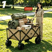 Grand chariot de vente pliable en métal avec roues tout-terrain pour camping et vente de rue, ensemble trois pièces grand format ; plateau réglable en hauteur