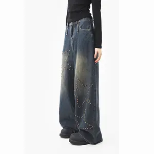 Custom Y2k Distressed Stretched Acid Wash Mens Jeans Diamond Rivet Jeans Tapered For Men