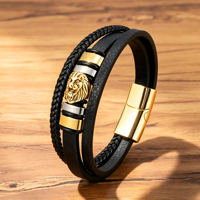 Bracelet en cuir véritable tressé multicouche personnalisé avec tête de lion et fermoir magnétique en acier inoxydable - Acier inoxydable et cuir durables
