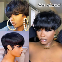 Perruque en cheveux humains naturels vierges non traités, courte, avec frange, sans colle, dentelle HD, pour vente en gros