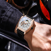 Montre mécanique squelette tonneau de luxe pour homme en or rose avec bracelet en cuir véritable, montre automatique haut de gamme pour le sport et les affaires