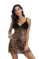 Gaun Tidur Satin Seksi Motif Leopard Satu Potong dengan Tali, Pakaian Dalam Wanita Model Kondole Belt Bud Silk Tanpa Punggung Motif Leopard Seksi