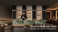 Kiosque de bar de luxe tout-en-un avec plateau en marbre vert, comptoir à grille verticale dorée, étagère niche cintrée, volet noir, écologique et robuste