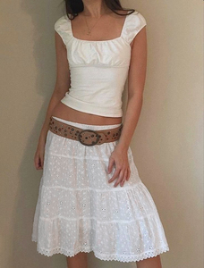 Ladies White Eyelet Embroidery Tiered Skirt, Elastic Waist A-Line Midi Skirt, Casual Boho Summer Skirt - Product Image 3