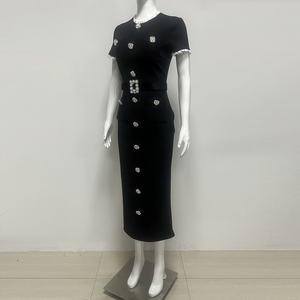 <span class=keywords><strong>Abito</strong></span> <span class=keywords><strong>Midi</strong></span> <span class=keywords><strong>Nero</strong></span> di Lusso con Decorazioni per Donne, <span class=keywords><strong>Elegante</strong></span> Vestito a Maniche Corte con Cintura e Cristalli Floreali per Serate Formali e Feste - Product Image 3