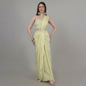 Sari de soirée élégant pour femme, style créateur, prêt-à-porter, orné de perles, de sequins et de pierres, idéal pour les fêtes - Product Image 1