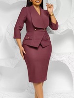 Robe midi crayon moulante élégante pour femme, à revers, double boutonnage, boutons dorés, manches 3/4, taille cintrée, idéale pour le bureau et les occasions formelles