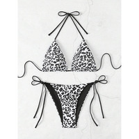 Maillot de bain bikini sexy 2 pièces pour femme, imprimé léopard, col halter, à lacets, style triangle, mode plage été