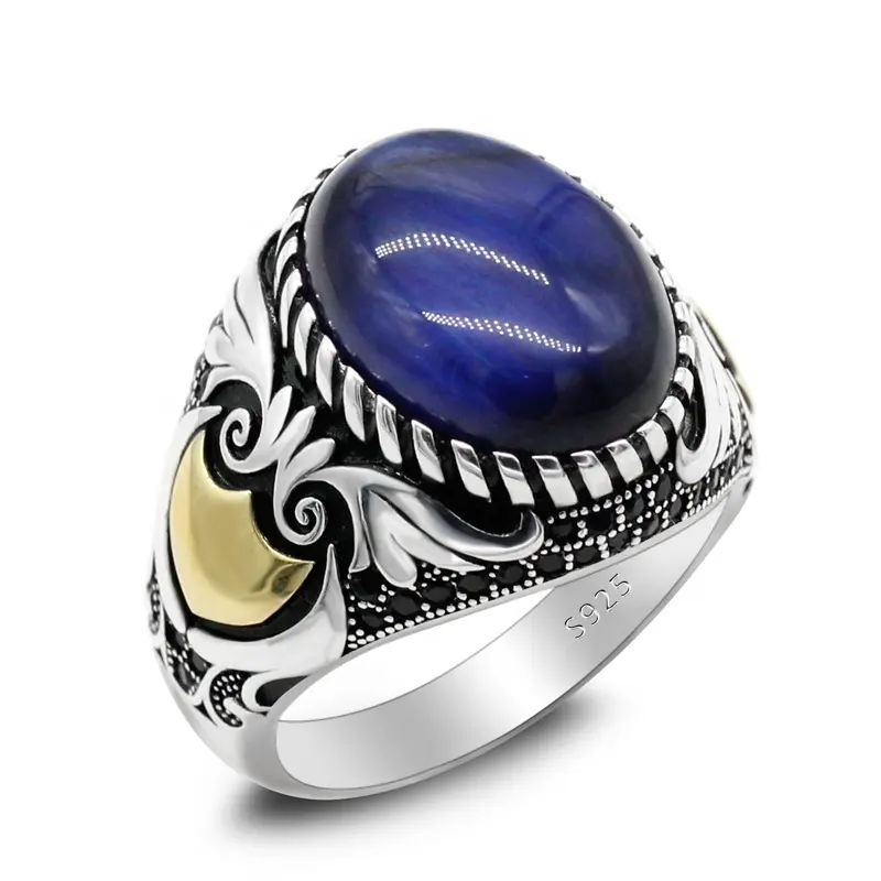 Anillo de Plata de Ley 925 con ojo de tigre azul Natural para hombre, estilo turco, joyería de moda de dos tonos