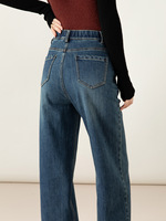 Pantalon long vintage bleu-noir pour l'automne, coupe évasée à jambe large, taille élastique, design tridimensionnel, respirant, logo sur la taille