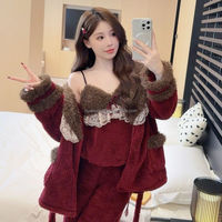 Ensemble de pyjama trois pièces en peluche épaisse et sexy pour femme, style mariage rouge, dentelle de luxe légère, pyjama chaud pour la maison