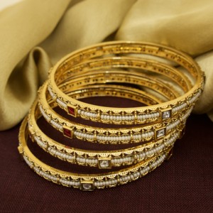 Traditional Imitation Trendy Slim Gold Plated Brass Bangle Set White Pearls Pink <b>Ruby</b> Stones for Women Girls Wedding Set 4 - Product Image 5