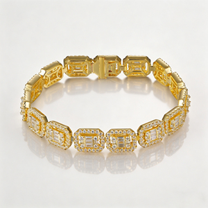 Luxury Yellow Gold Diamond Tennis <b>Bracelet</b> Baguette Cut Geometric Chain Link Unisex Jewelry - Product Image 3