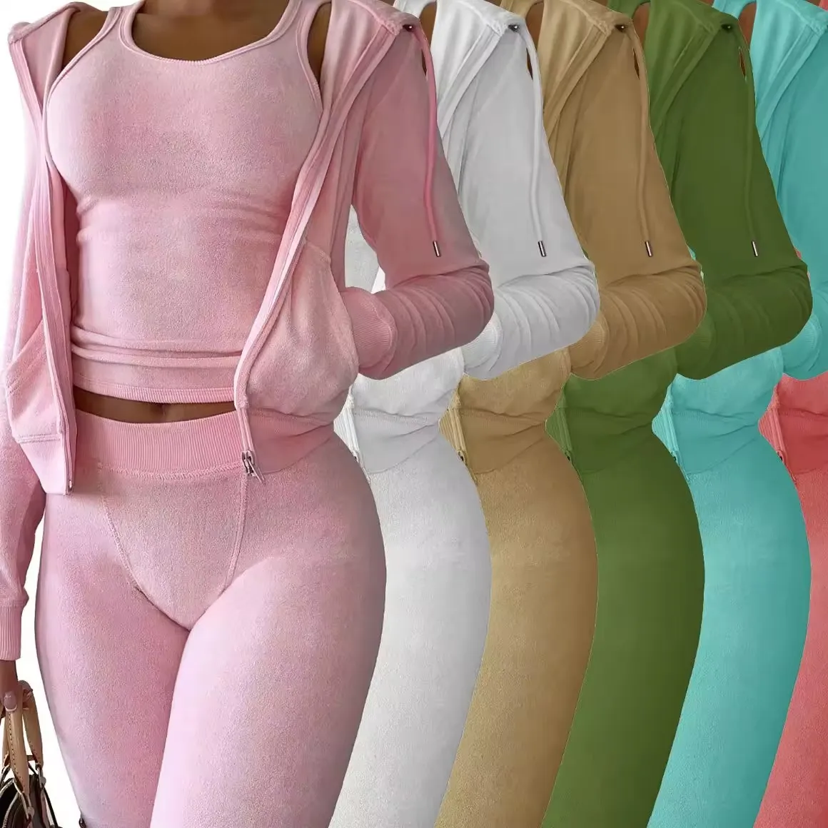 2024 Wholesale Hoodies Sweatshirts Cotton Terry Toweling Bodysuit Tracksuits Women's Vest Short Sweatshirt Pants 3 Piece Set