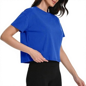 Custom Women <b>Crop</b> <b>Top</b> Short Sleeve Gym Wear Knitted T-Shirt Workout Wear <b>Royal</b> <b>Blue</b> - Product Image 1