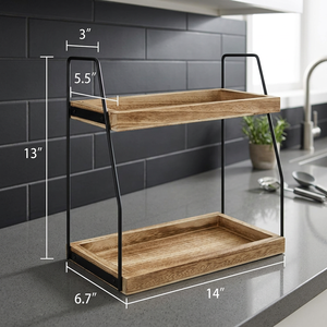Double Tier Wood <b>Storage</b> <b>Rack</b> 14x6.7x13 Inch Rectangular <b>Kitchen</b> Counter Organizer Minimalist Style Durable Stand Type - Product Image 1