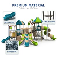 Équipement de terrain de jeu pour enfants en plastique sur le thème de la forêt, personnalisable, avec toboggans multi-voies, toboggans tubulaires, panneaux d'activités, usage commercial