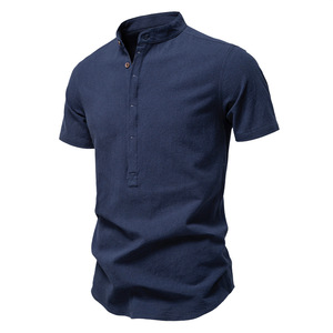 เสื้อเชิ้ตผู้ชายสีขาวล้วน คอตั้ง แขนสั้น ทรงหลวม สวมใส่สบาย ระบายอากาศได้ดี คุณภาพสูง รับทำโลโก้ตามสั่งจากโรงงานโดยตรง - Product Image 3