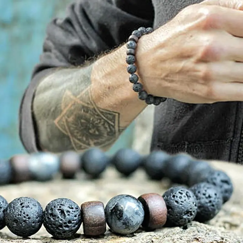 Volcanic Stone Bracelet for Men Lava Wooden 8mm Beads Bracelet Tibetan Buddha Wrist Chain Women Men's Jewelry Gift Bracelets