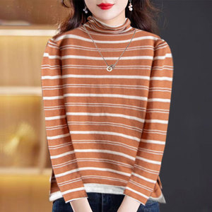 Women's Striped Turtleneck Sweater Long Sleeve Black Polyester Autumn Winter Top - Product Image 2