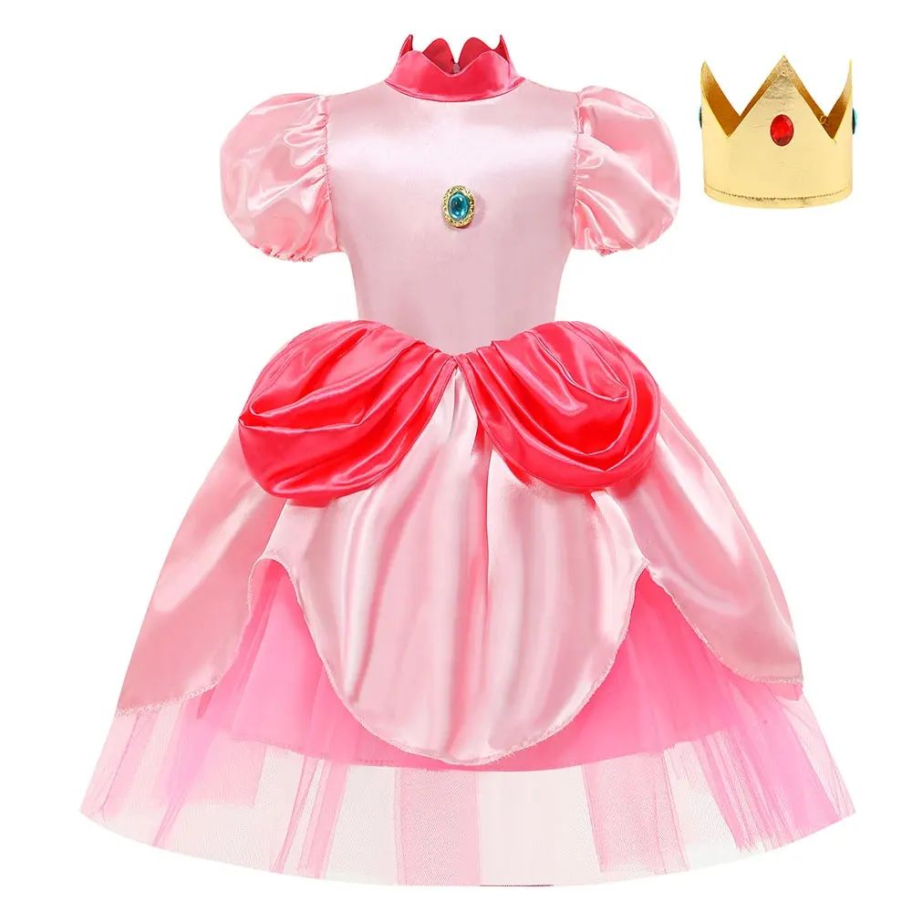 Carnival Cosplay Baby Girls Party Christmas Super Brother Cartoon Halloween Pink Princess Peach Dress Costumes with Crown