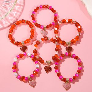 Heart Shape Acrylic Beaded Elastic Bracelet Set For Couple Valentine's Day Jewelry Multi Layer <b>Red</b> Pink <b>Glitter</b> Charm Bracelets - Product Image 3