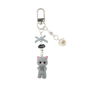Cute Flocked Kitten Keychain Exquisite <b>Plastic</b> School Bag Pendant with <b>Beaded</b> Bow Element for Personalizing Your Accessory - Product Image 6