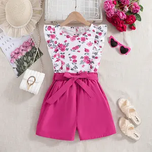 Hot sale 2024 Summer casual girls clothing sets for kids new sleeveless top printed shorts for girls and children 10-12 years