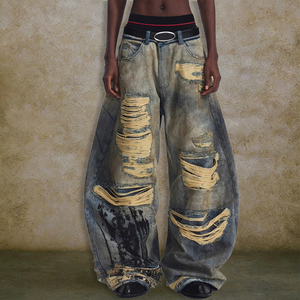 YUCE - Jeans Anchos Retro <span class=keywords><strong>de</strong></span> Mezclilla Gruesa al por Mayor, Jeans <span class=keywords><strong>de</strong></span> Mezclilla <span class=keywords><strong>de</strong></span> Alta Calidad con Lavado Vintage, Rotos, Estilo Urbano para Hombre - Product Image 1