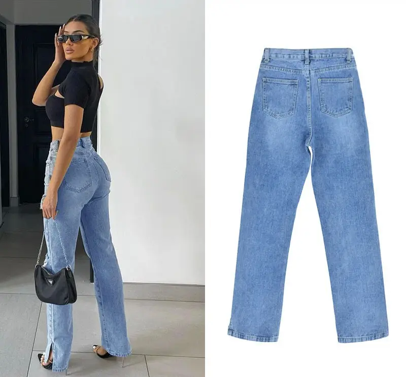 America Fashion Style Casual Split Lange Jeans mit Löchern Straight Leg Blue Jeans für Frauen
