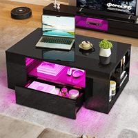 Table Basse Moderne en Bois Laqué Minimaliste avec LED, 2 Tiroirs et Étagère Ouverte, Meuble de Salon Pratique avec Rangement