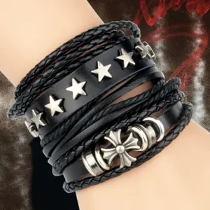4pcs combination cheap men's gift accessories Punk rock multi-layer multi-circle winding star cross leather bracelet