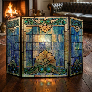 Écran de cheminée en vitrail, 3 panneaux, design baroque, décoration traditionnelle, couleur bleue, forme rectangulaire, décoration - Product Image 1