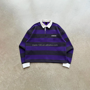 Custom 100% Cotton Oversized Long Sleeve Shirts Printed Stripe Design Long Sleeve Rugby T-Shirt Knitted Men Polo Shirt