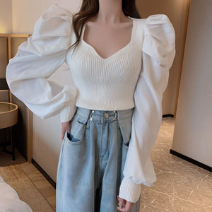 Suéter de <span class=keywords><strong>punto</strong></span> de <span class=keywords><strong>manga</strong></span> <span class=keywords><strong>abullonada</strong></span> con cuello en V Spice Design Sense Top Suéter de <span class=keywords><strong>manga</strong></span> larga de <span class=keywords><strong>punto</strong></span> para mujer - Product Image 5