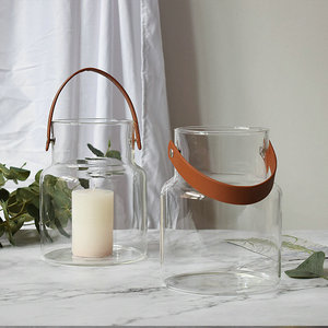 <span class=keywords><strong>Vase</strong></span> en verre borosilicate transparent avec poignée en cuir pour la décoration de la maison, bougeoirs en verre à cheminée ouverte - Product Image 1